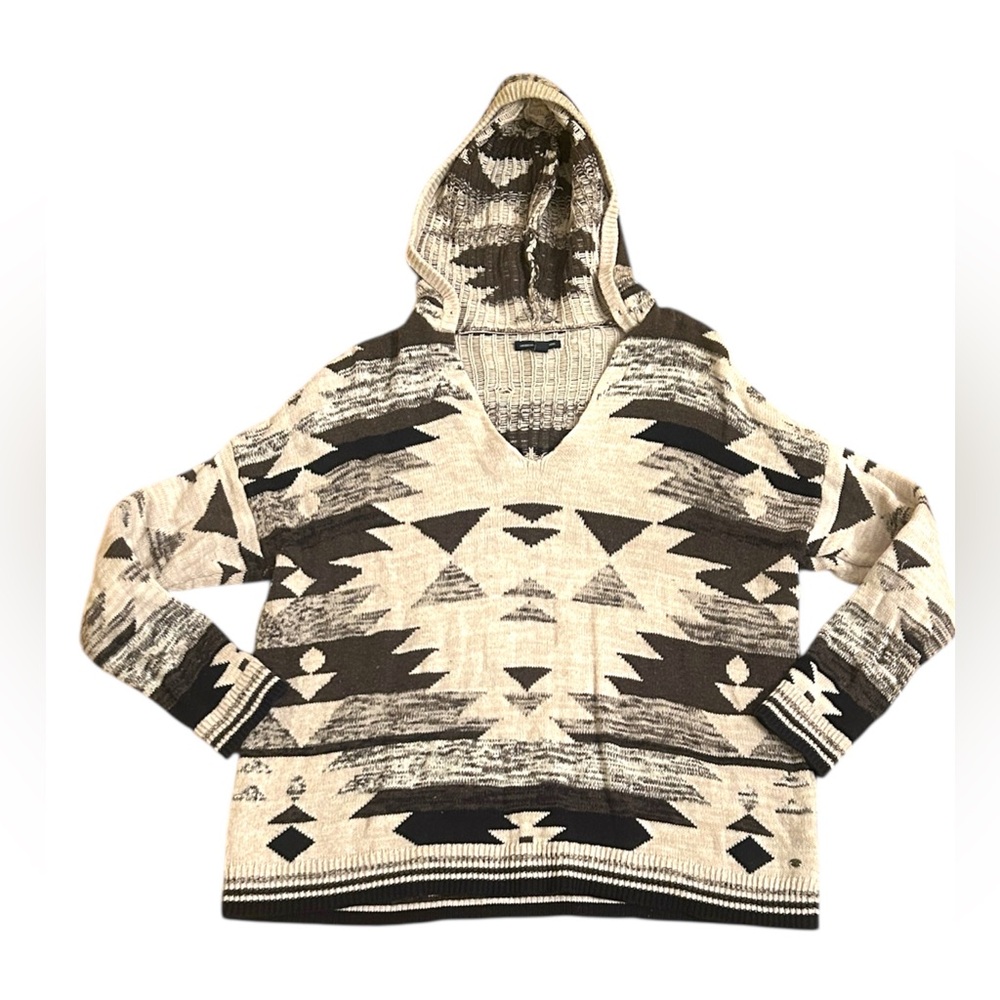 American Eagle Outfitters Baja Hooded V-Neck Tan Aztec Sweater Hoodie Medium